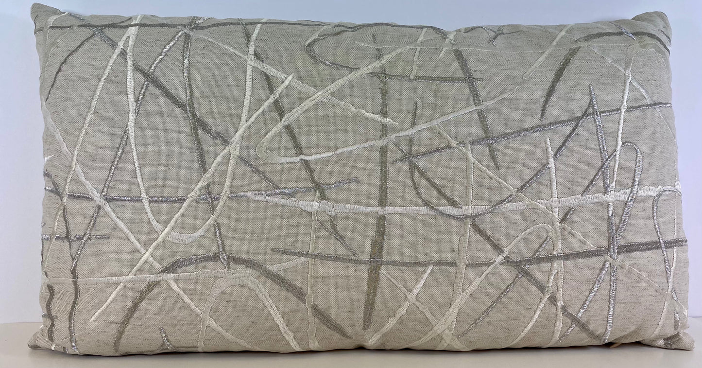 Luxury Lumbar Pillow - 24" x 14" - Scribble Silver; Embroidered pattern of silver & white over off-white background