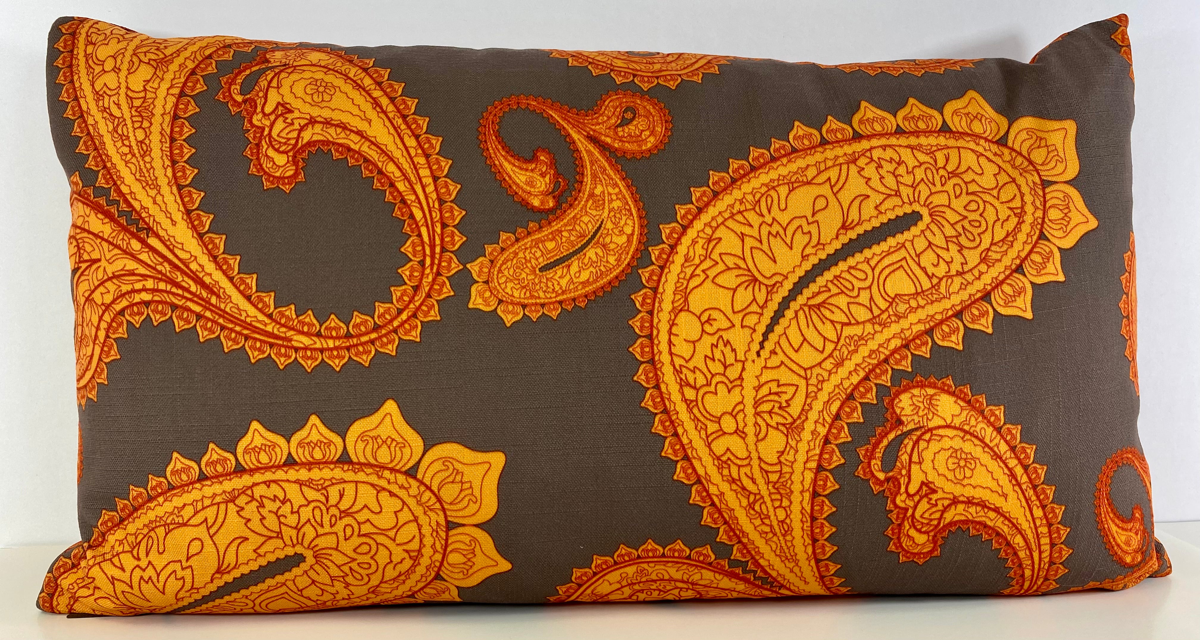 REDUCED TO CLEAR Luxury Lumbar Pillow 24 x 14 Stockholm Bold Paisley pattern of oranges over a gray background