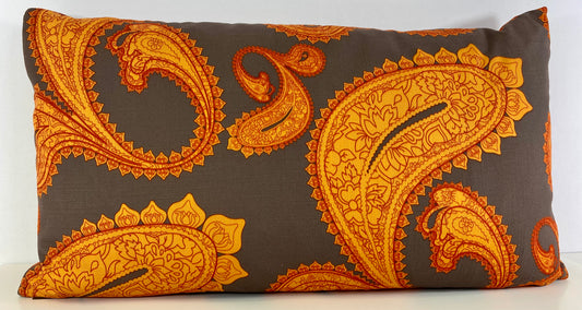 REDUCED TO CLEAR Luxury Lumbar Pillow; 24" x 14" - Stockholm - Bold Paisley pattern of oranges over a gray background