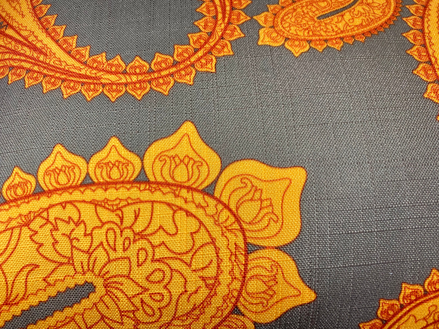 REDUCED TO CLEAR Luxury Lumbar Pillow; 24" x 14" - Stockholm - Bold Paisley pattern of oranges over a gray background