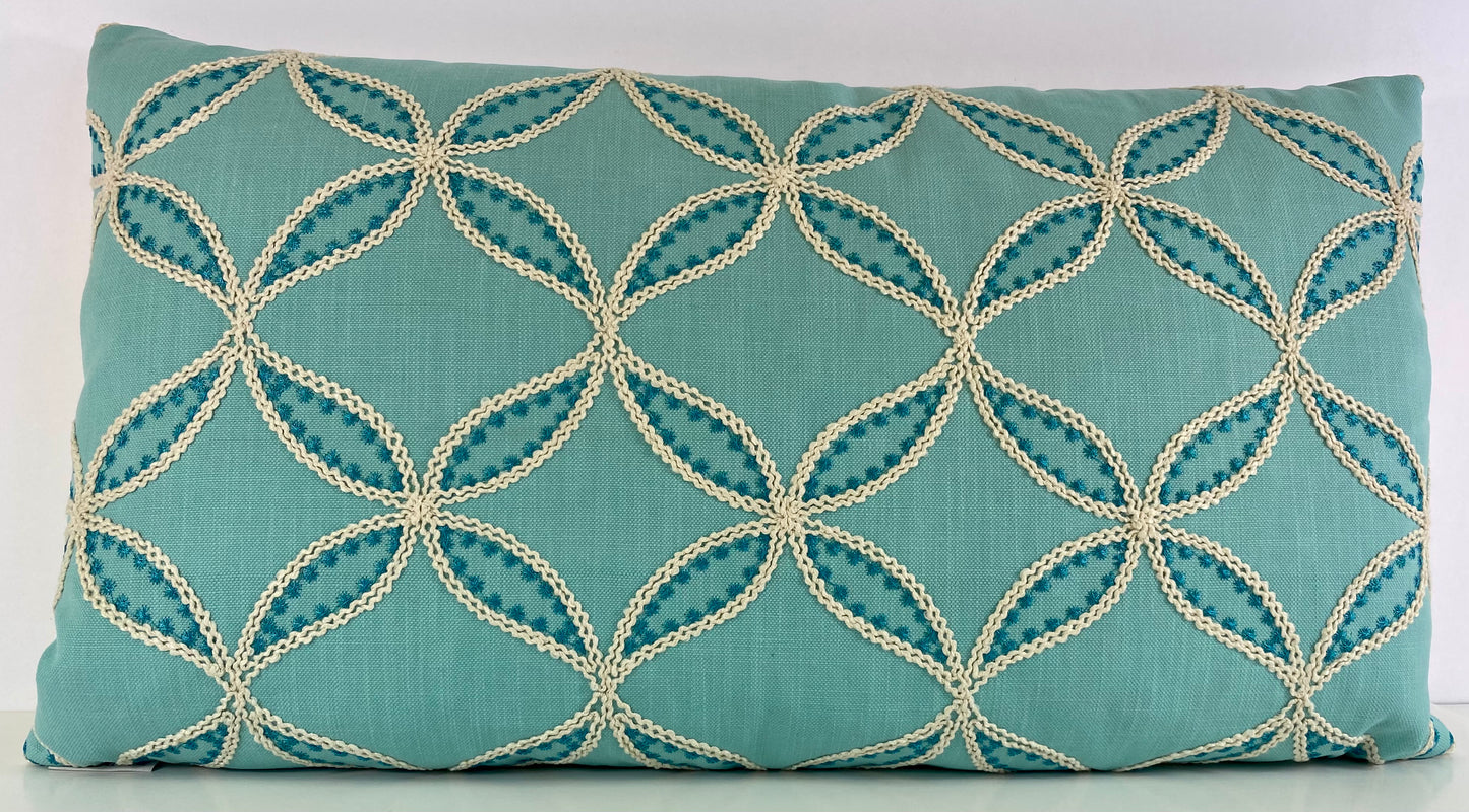 Luxury Lumbar Pillow - 24" x 14" - Tanjib-Aqua; Cream and teal embroidered design over a turquoise background