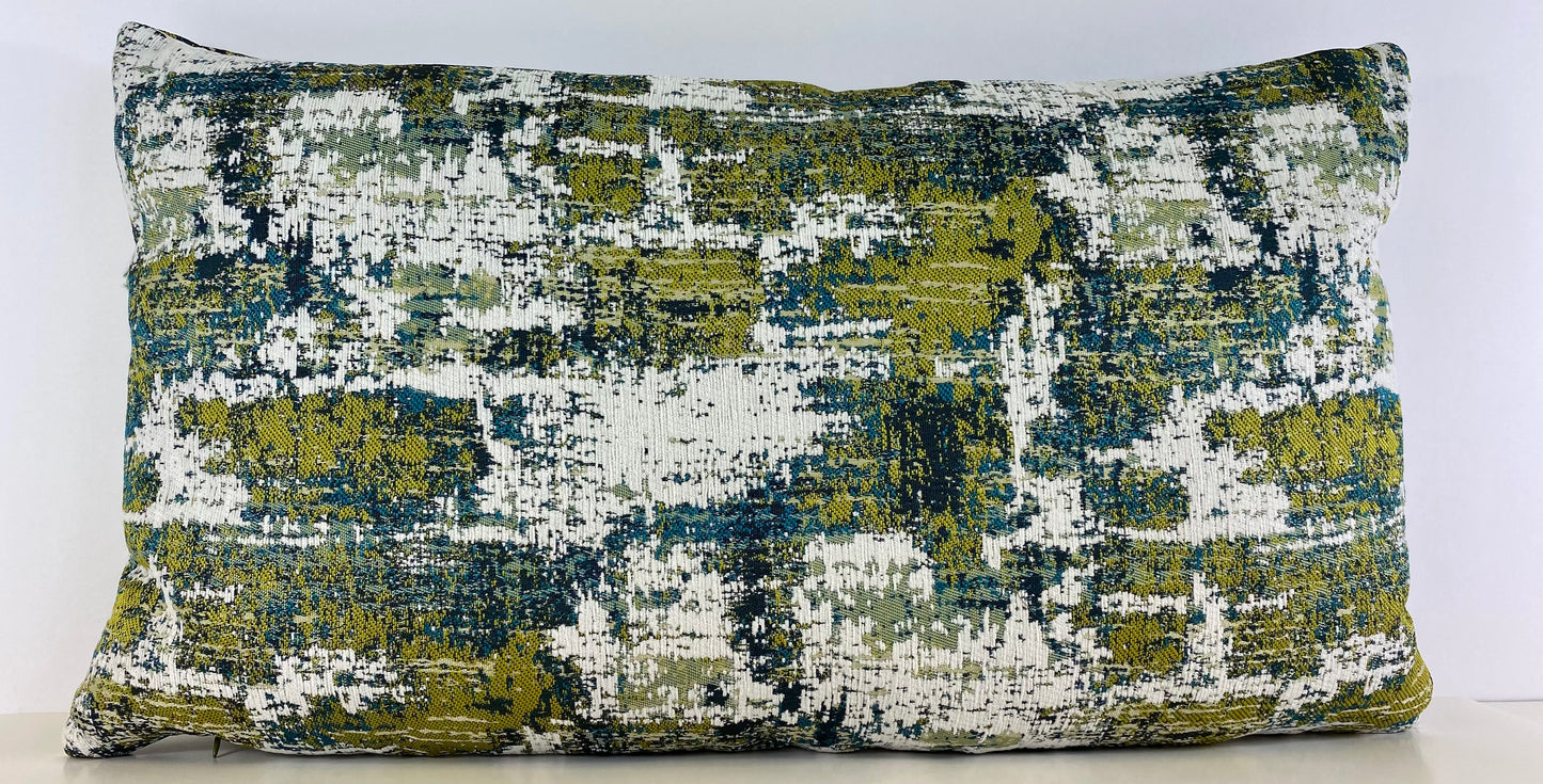 Luxury Lumbar Pillow - 24" x 14" - Textural Amazon; Bright green, white and shimmering teal in an abstract pattern