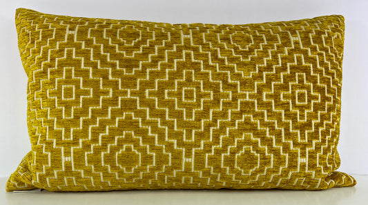 Luxury Lumbar Pillow - 24" x 14" -  Tile Curry; Moroccan tile effect in yellow chenille on ivory base