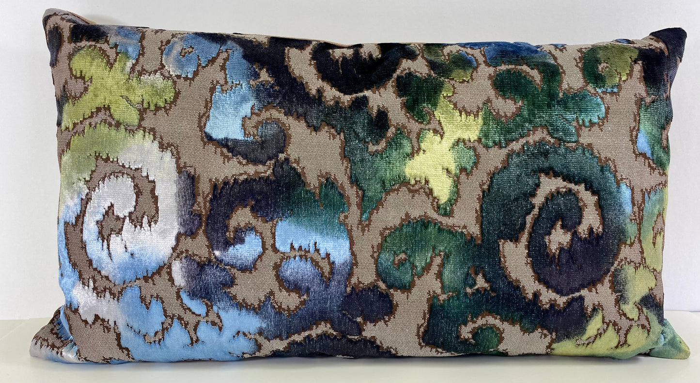 Luxury Lumbar Pillow - 24" x 14" -  Vicenza; A damask style velvet showing blue, green and silver on taupe ground.