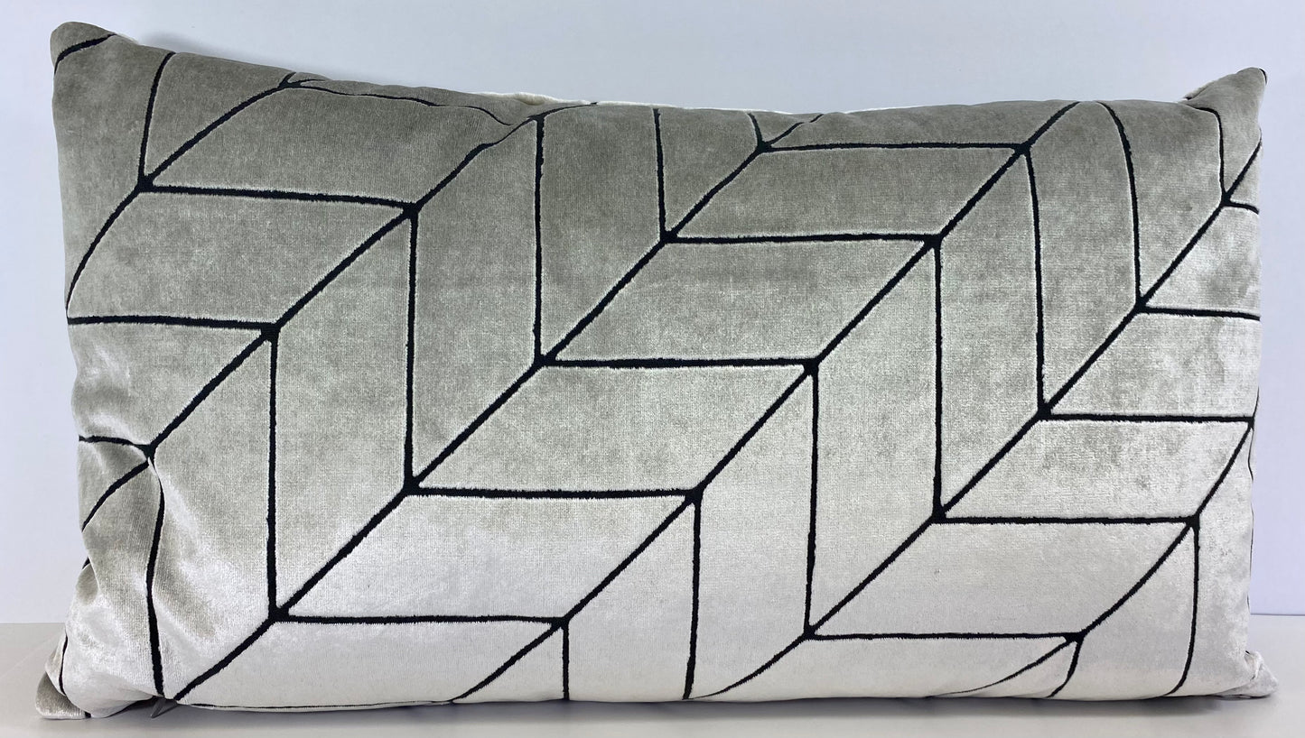 Luxury Lumbar Pillow; 24" x 14" - Villa-Silver luxurious silver velvet over a dark gray geometric pattern