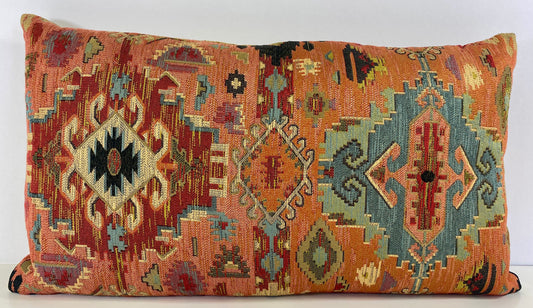 Luxury Lumbar Pillow - 24" x 14" - Zantar; Orange, tan, teal, black & red in Southwestern/Moroccan Design