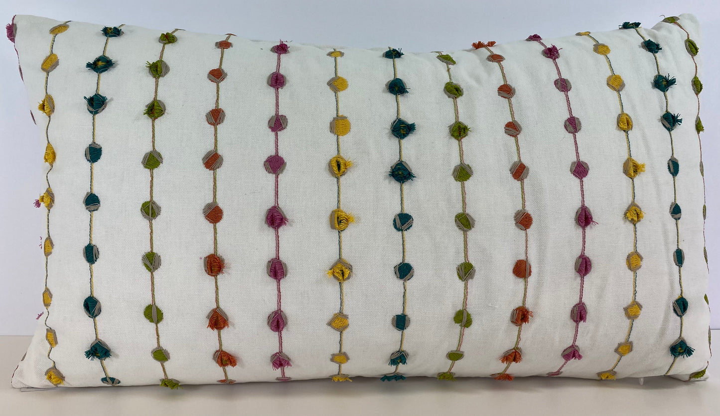 Luxury Lumbar Pillow - 24” x 14” - Candy Pop; Embroidered dots of green, pinks, yellows & blues on a bright white background