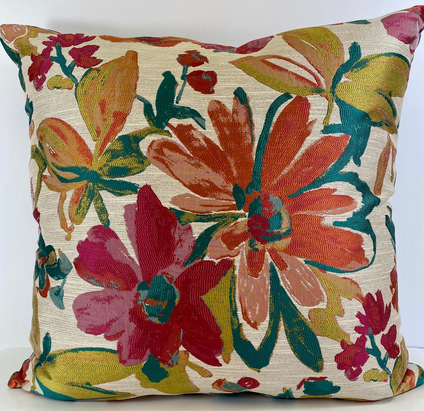 Luxury Pillow -  24" x 24" - Desert Paradise; brightly colored embroidered floral with teal back