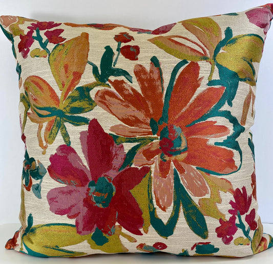 Luxury Pillow -  24" x 24" - Desert Garden; brightly colored embroidered floral with teal back