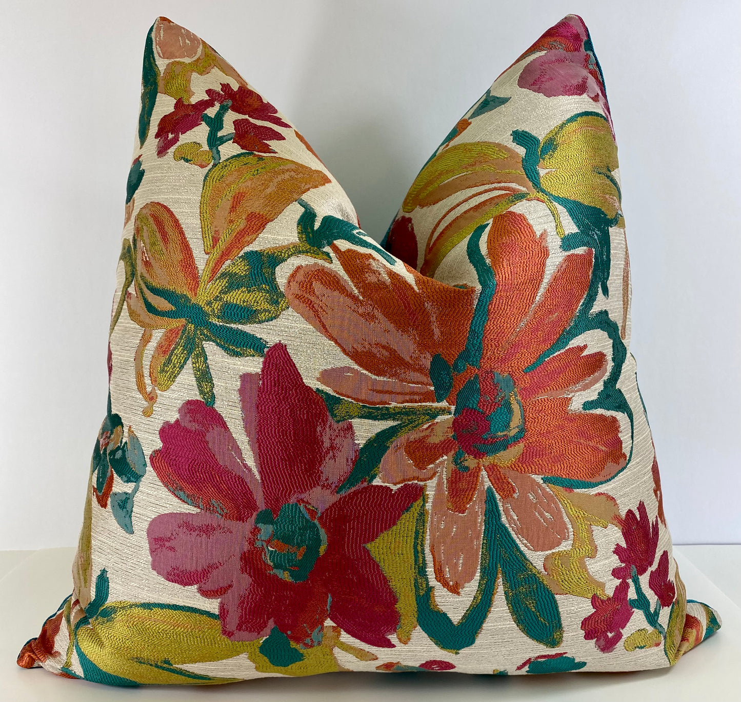 Luxury Pillow -  24" x 24" - Desert Paradise; brightly colored embroidered floral with teal back