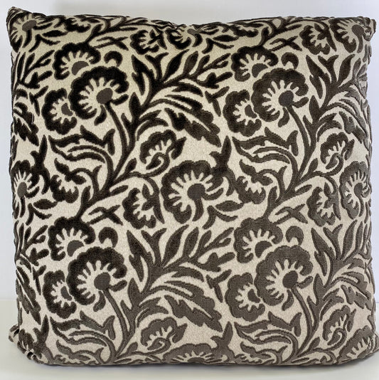 REDUCED TO CLEAR Luxury Pillow - 24" x 24" - Garden Bounty - Taupe; Floral design with espresso brown detail