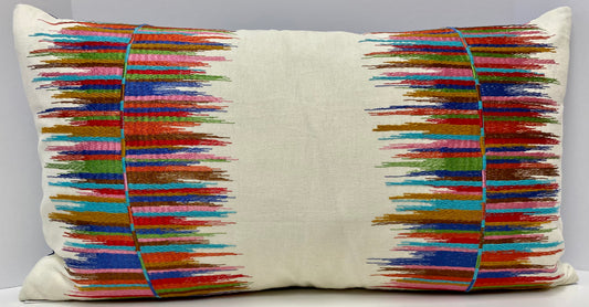 Luxury Lumbar Pillow - 24" x 14" - Fun Fair-Fiesta; colorful embroidered pattern of fuchsia, teal, blues & orange on a cream background