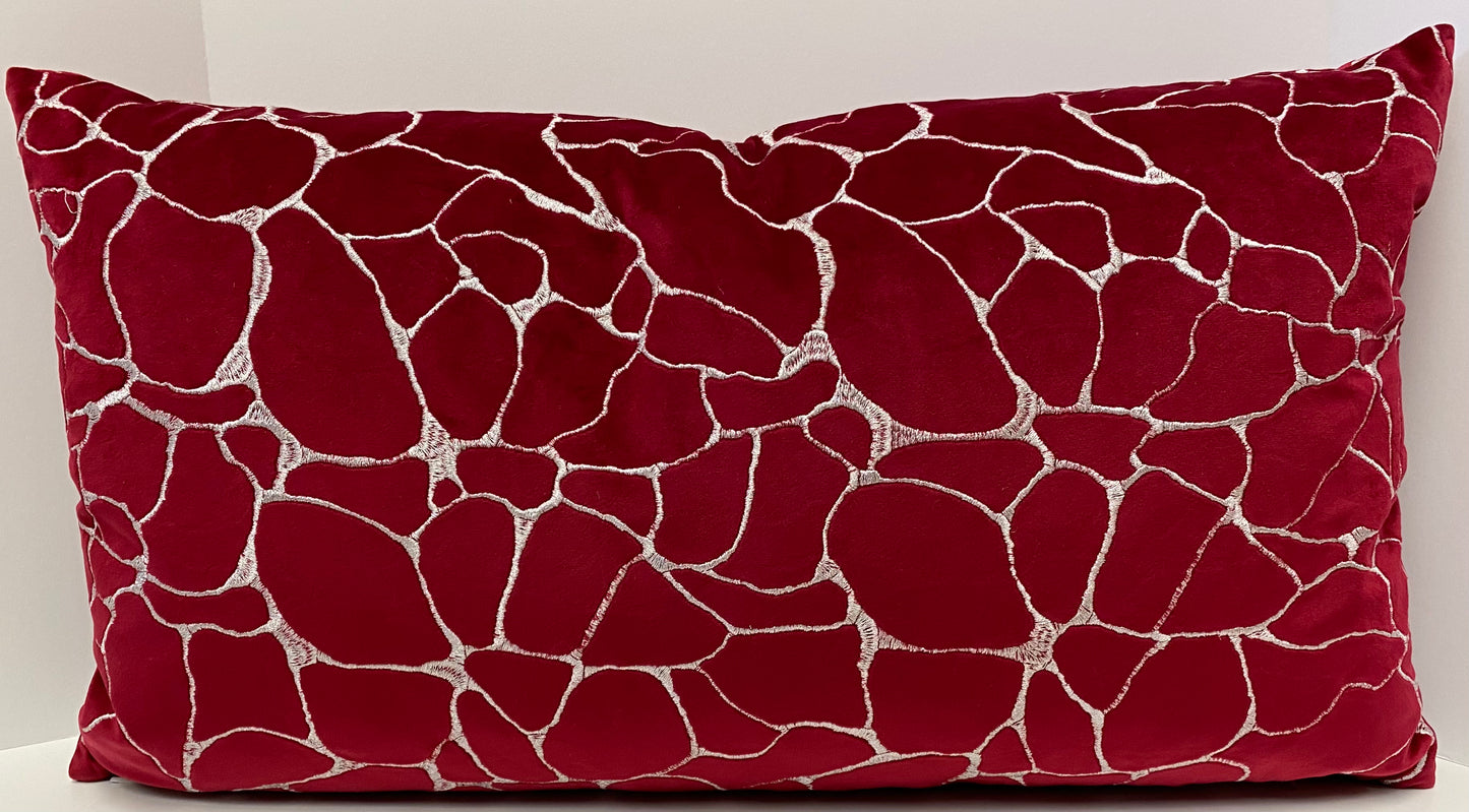 Luxury Lumbar Pillow- 24" x 14" - Dare-Fuchsia: Silver embroidered pattern on a fuchsia background