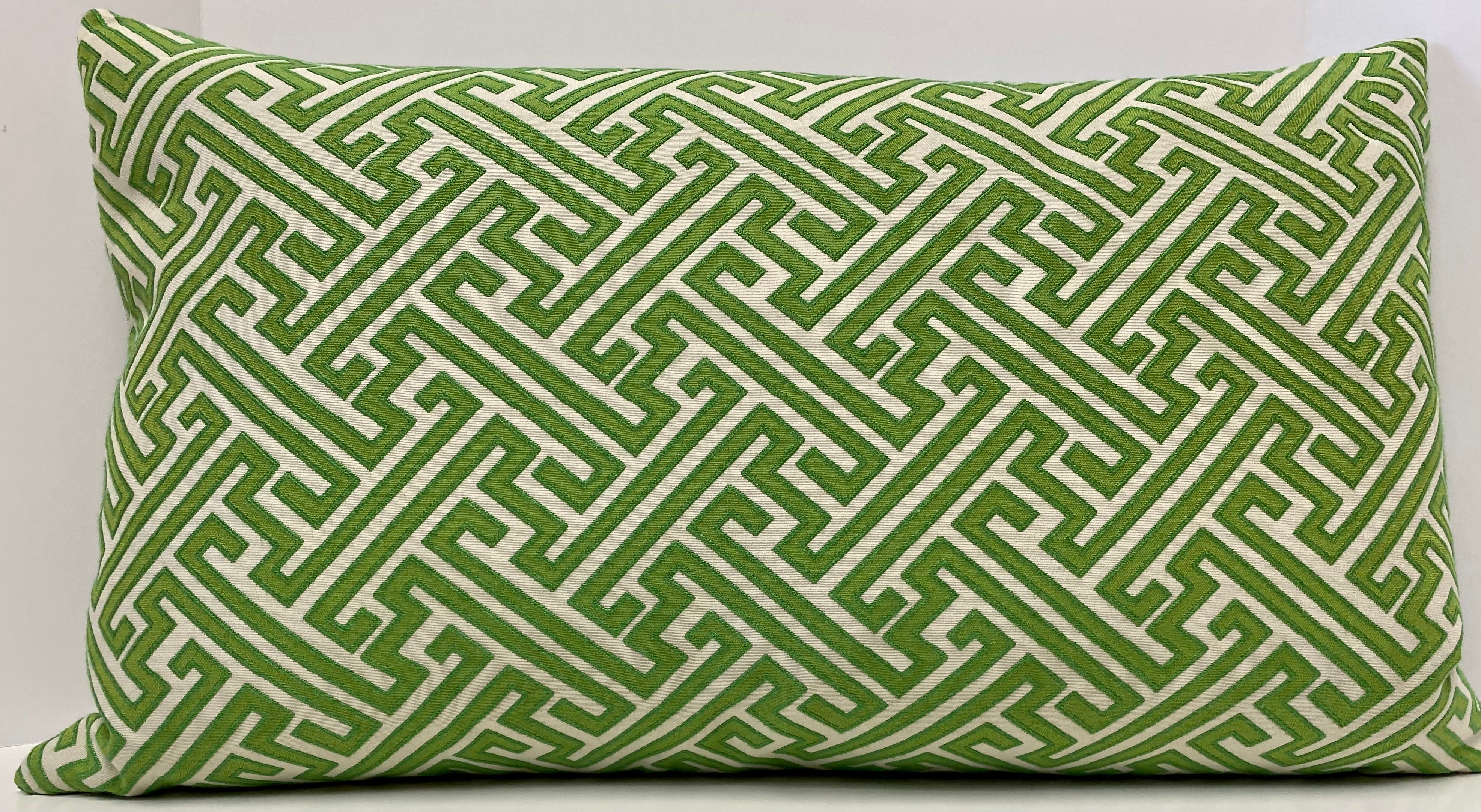 Luxury Lumbar Pillow 24 x 14 Amazed Green Lime green embroidered maze geometric pattern over a cream background