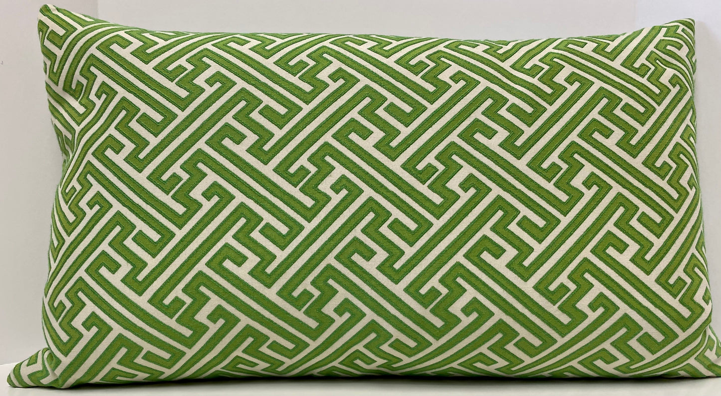 Luxury Lumbar Pillow - 24" x 14" -  Amazed Green; Lime green embroidered maze geometric pattern over a cream background