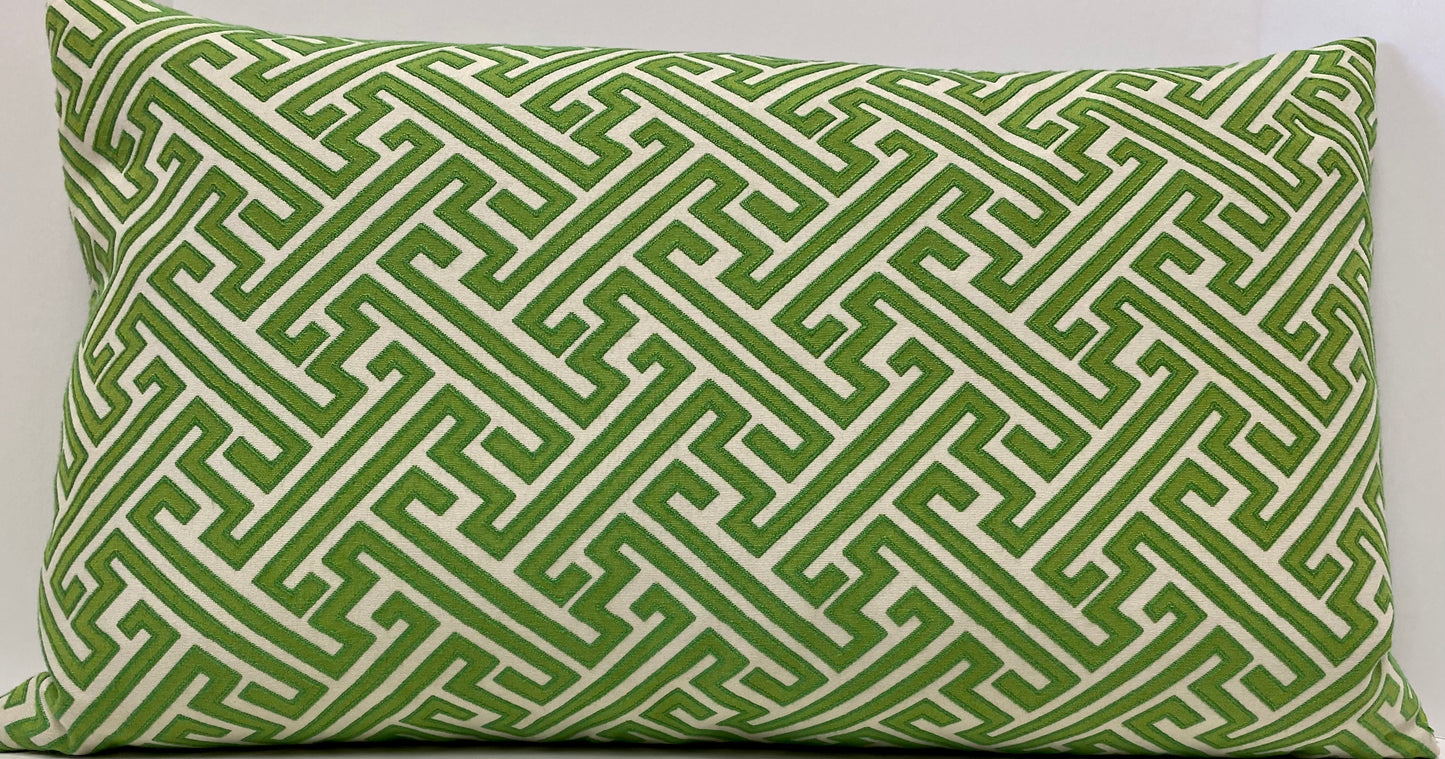 Luxury Lumbar Pillow - 24" x 14" -  Amazed Green; Lime green embroidered maze geometric pattern over a cream background