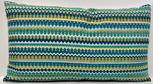 Luxury Lumbar Pillow - 24" x 14" - Denmark-Peacock: textural stripes of teals, yellows & white