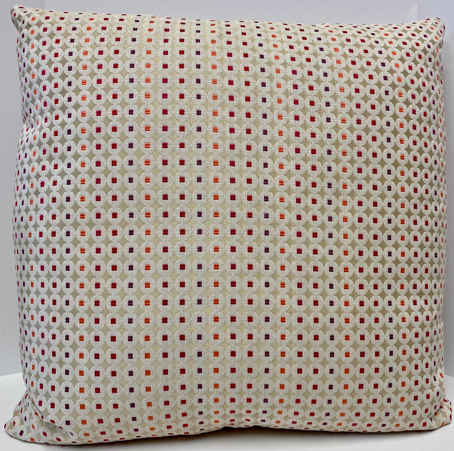REDUCED TO CLEAR  Luxury Pillow -  24" x 24" - Dots of Fuchsia; Purple & Orange on a cream background