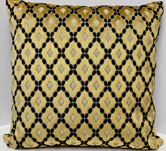 Luxury Pillow 24” x 24” - Desert Gold; an elegant geometric design in shiny gold and black velvet with a solid black velvet black