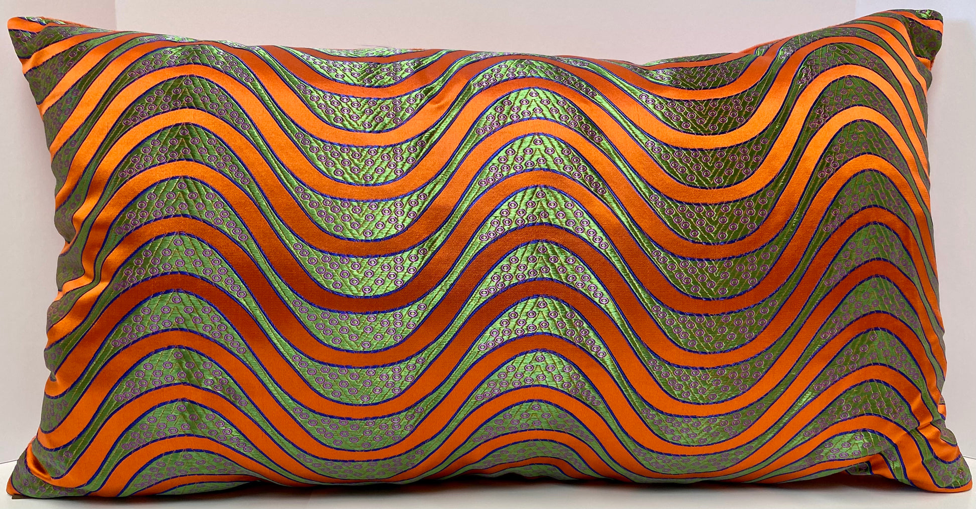 Luxury Lumbar Pillow; 24 x 14 - Swell, bright orange wavey stripes over a  pearlized green background all in a glamorous shiny fabric