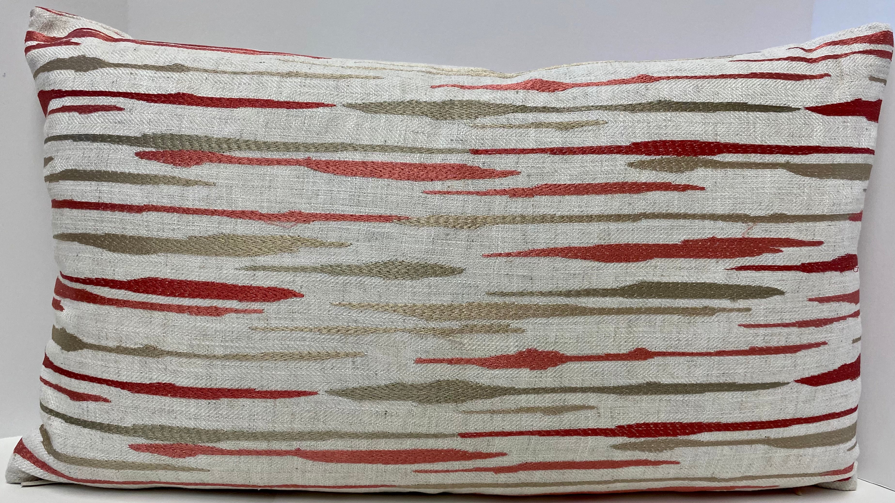 Luxury Lumbar Pillow; 24" x 14" - Marcus-Coral, Coral and taupe abstract pattern over an off white background