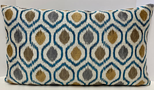 Luxury Lumbar Pillow - 24" x 14" - Brandon Turquoise; Teal, gold & gray design on a cream background