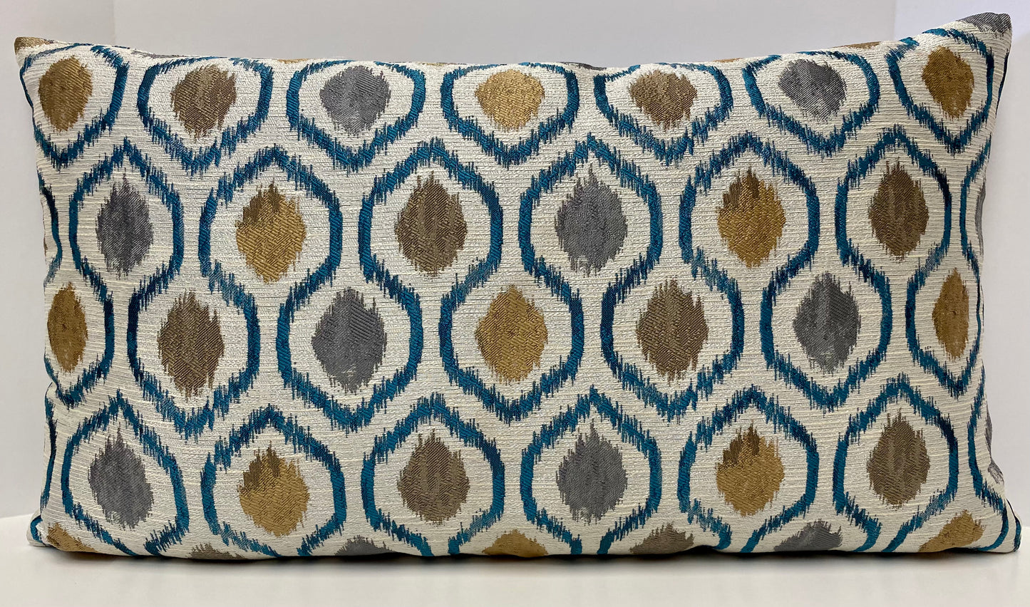 Luxury Lumbar Pillow - 24" x 14" - Brandon Turquoise; Teal, gold & gray design on a cream background