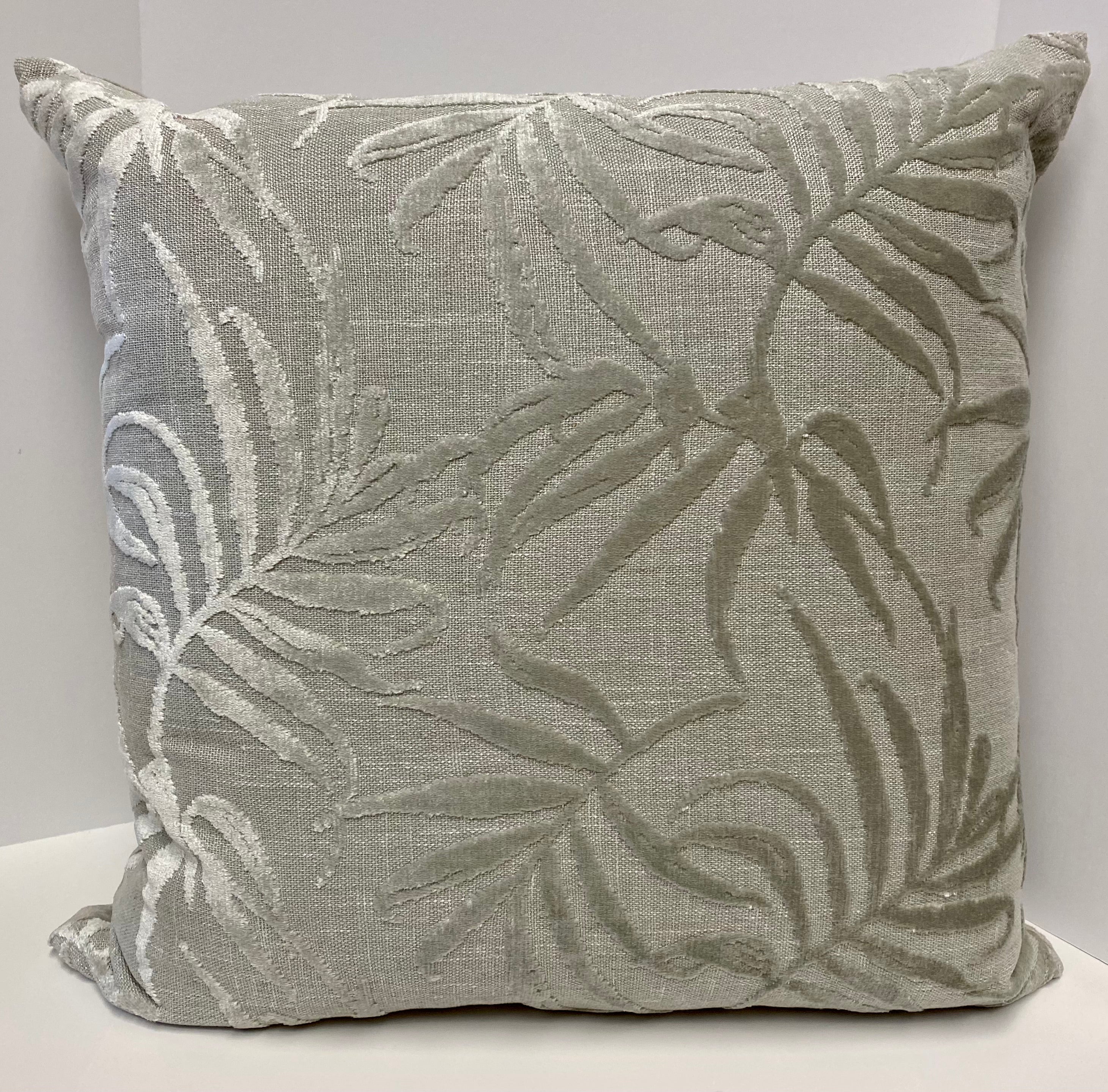 Luxury Pillow - 24" x 24" - Silver Fronds; Cut velvet botanical pattern over a gray background
