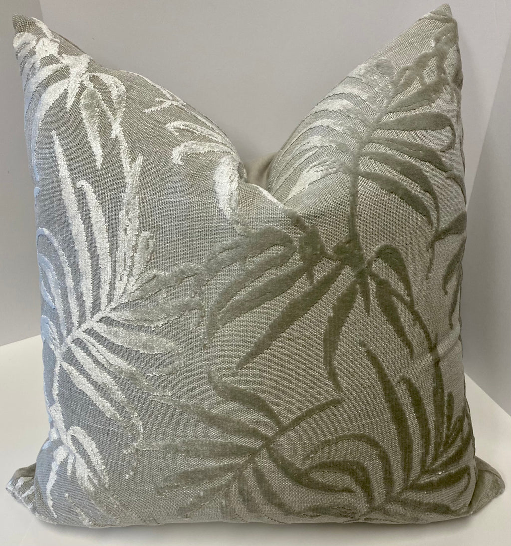 Luxury Pillow - 24" x 24" - Silver Fronds; Cut velvet botanical pattern over a gray background
