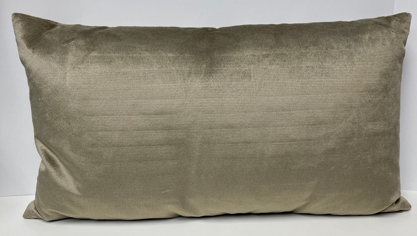 Luxury Lumbar Pillow - 24" x 14" -  Zorro-Mushroom; Chenille stripes of taupe, brown, black & gold on a cream background