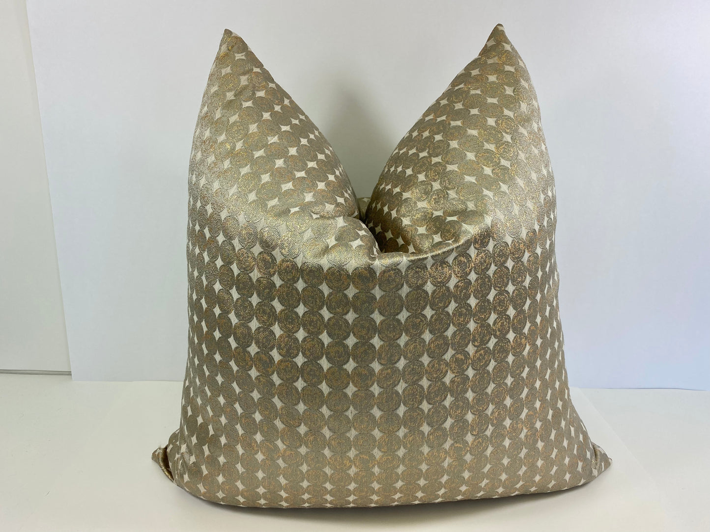 REDUCED TO CLEAR Luxury Pillow; 24" x 24" - Francis, dots of shimmering gold over taupe cast on a cream background