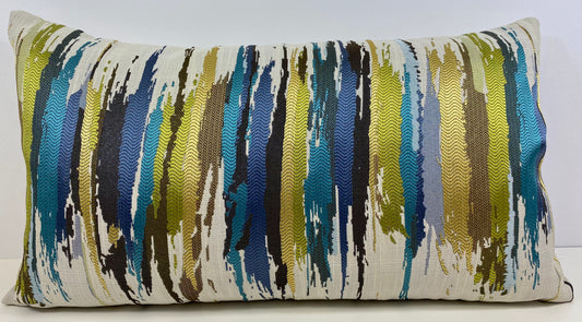 Luxury Lumbar Pillow - 24" x 14" - Amore Vert; Shiny Bright lime green, blue, teal & gold abstract on white background