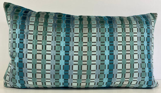 Luxury Lumbar Pillow - 24" x 14" - Time Square-Teal; Teals, turquoise and silver/gray blend in sculptured velvet