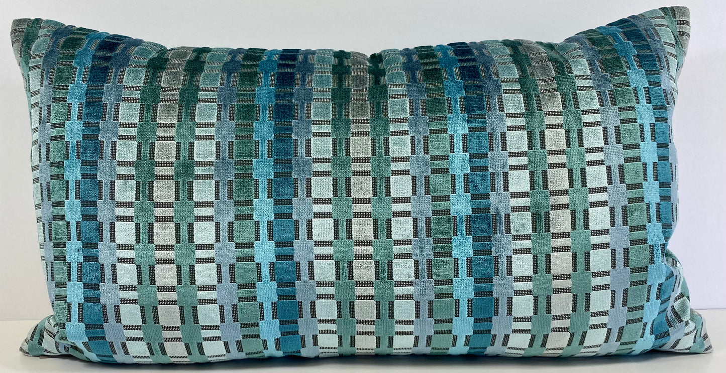 Luxury Lumbar Pillow - 24" x 14" - Time Square-Teal; Teals, turquoise and silver/gray blend in sculptured velvet