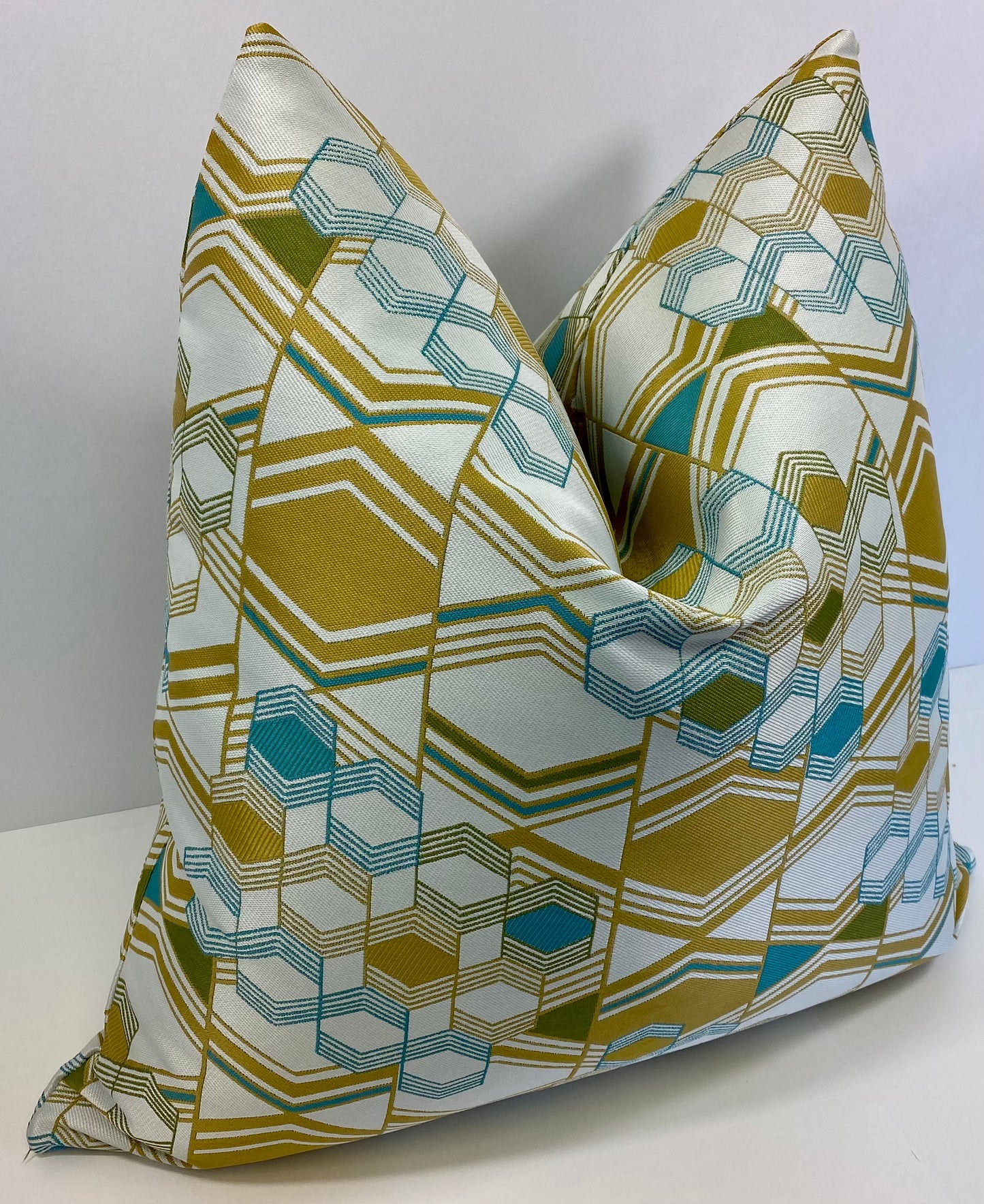 Luxury Pillow -  24" x 24" -  Deco - Crystal Topaz; Gold and teal woven chevrons