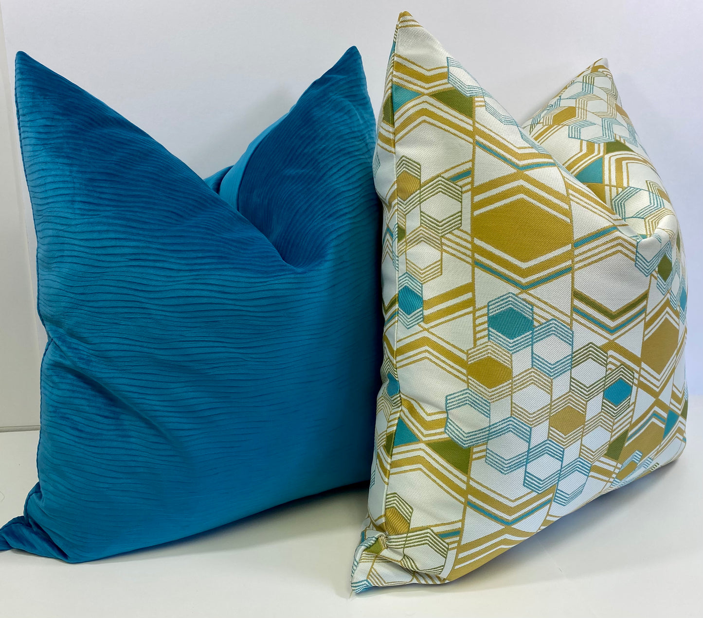 Luxury Pillow -  24" x 24" -  Deco - Crystal Topaz; Gold and teal woven chevrons