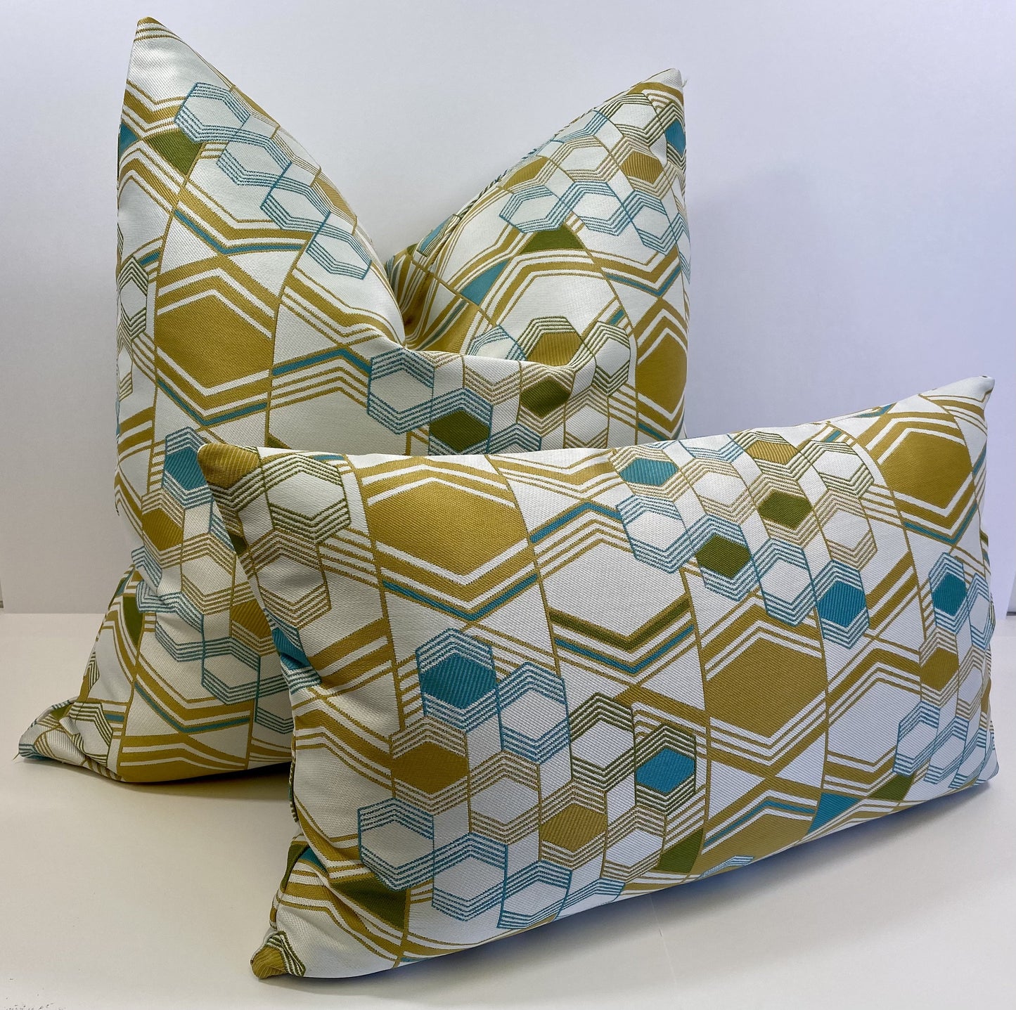 Luxury Lumbar Pillow - 24" x 14" -  Deco - Crystal Topaz; Gold and teal woven chevrons