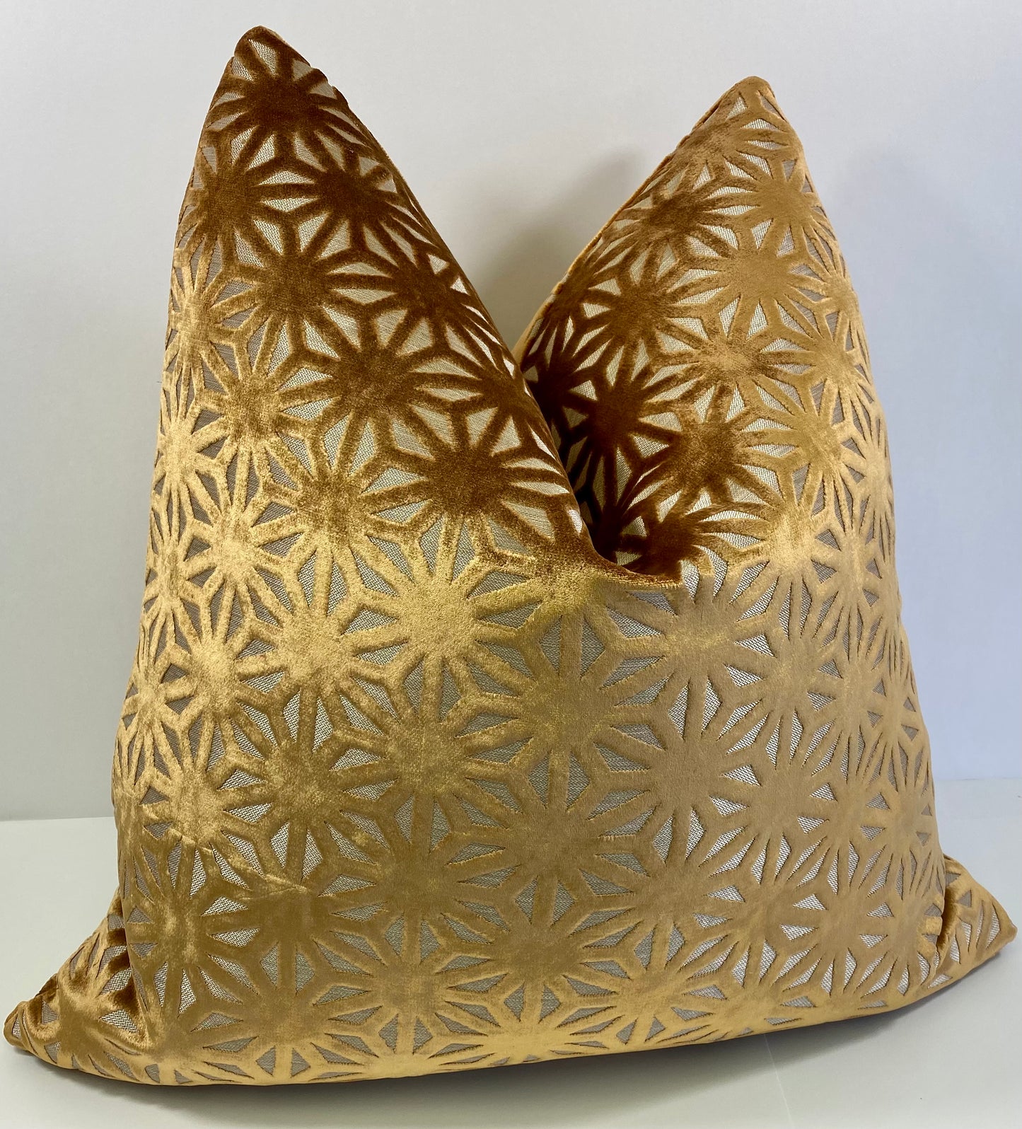 Luxury Pillow -  24" x 24" -  Regalia - Cinnamon; Geometric flowers in burnished gold on a tan base