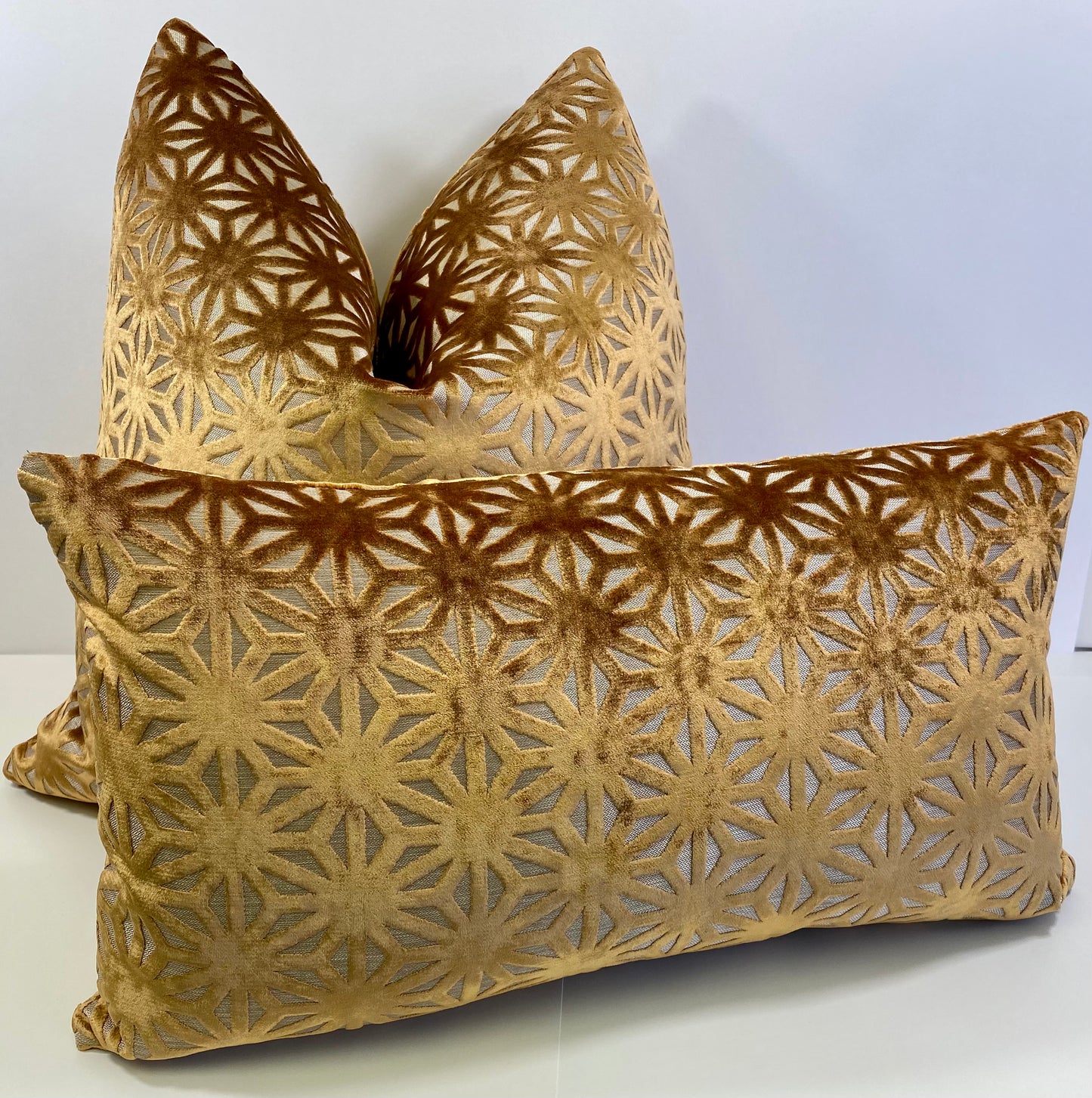 Luxury Pillow -  24" x 24" -  Regalia - Cinnamon; Geometric flowers in burnished gold on a tan base