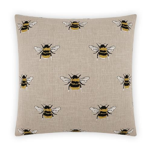 Luxury Pillow - 24" x 24" - Busy Bee-Linen; Adorable embroidered bees on beige linen background