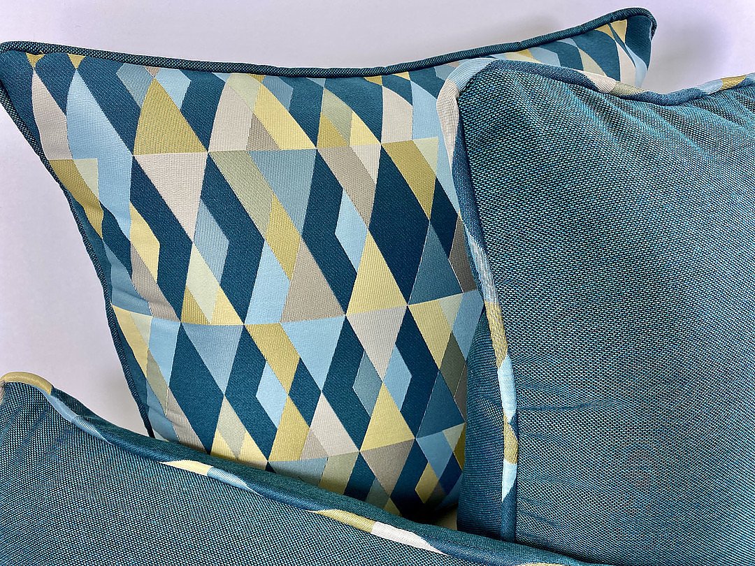 Luxury Outdoor Lumbar Pillow - 22" x 12" - Harlequin - Teal; Sunbrella, or equivalent, with fibre fill