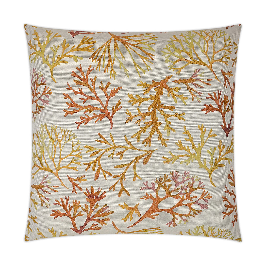 Luxury Lumbar Pillow - 24" x 14" -  Great Barrier - Tropical; Embroidered coral leaves on a sandy colored base