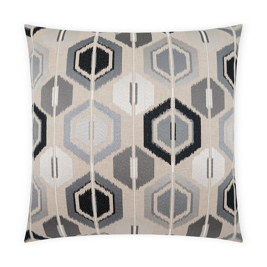 Luxury Pillow -  24" x 24" - Hamish; Embroidered polygons in silver blue, denim and navy