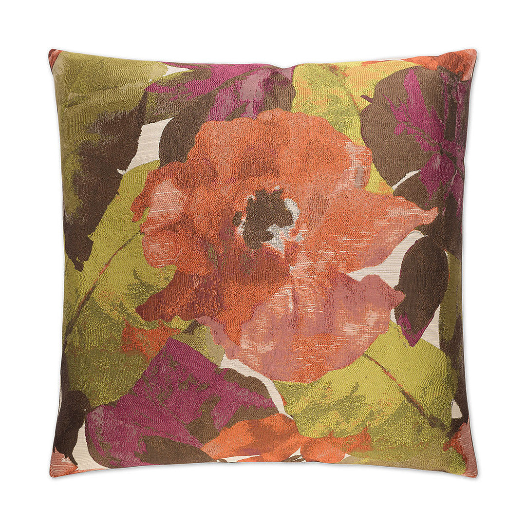 Luxury Pillow -  24" x 24" -  Figi-Sunset; Stylized orange hibiscus with green and purple leaves