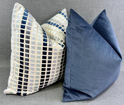 Luxury Pillow - 24" x 24" - Tile Esque Blue Gray And White Squares Over A Cream Background