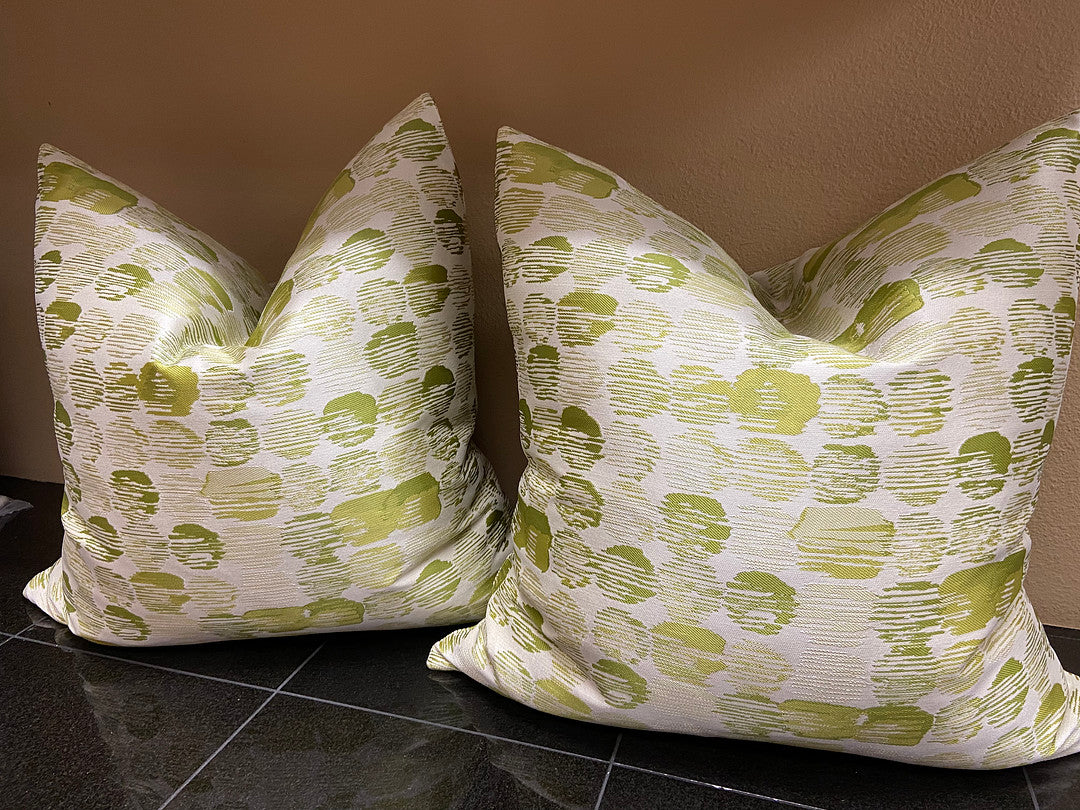 Luxury Pillow; 24" x 24" - Deepwell - Lime, bright greens in a mid-century pattern over a cream background