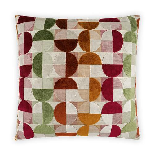 Luxury Pillow - 24" x 24" -Boynton; Sculpted velvet half circles of lime green, rust and cherry red in a geometric pattern on a cream background