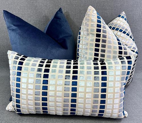Luxury Pillow - 24" x 24" - Tile Esque Blue Gray And White Squares Over A Cream Background