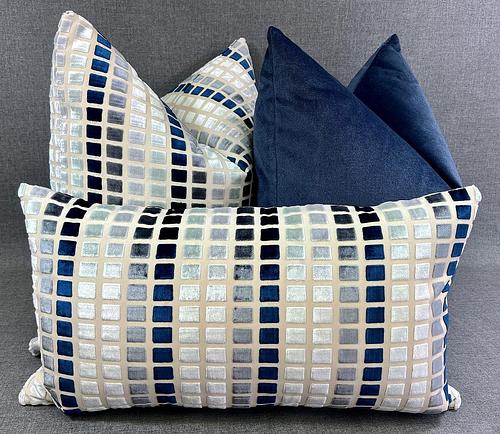 Luxury Pillow - 24" x 24" - Tile Esque Blue Gray And White Squares Over A Cream Background