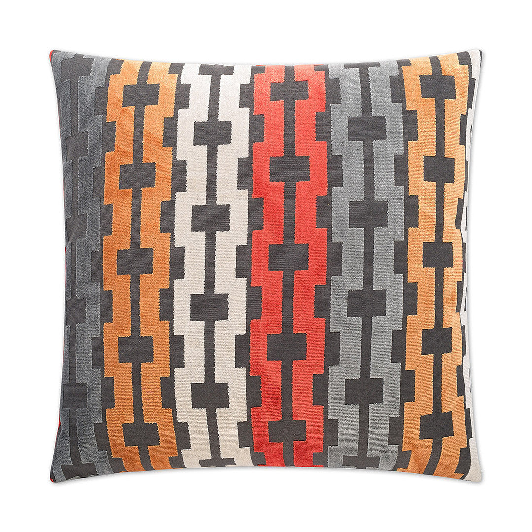 Luxury Pillow -  24" x 24" -  Bardot-Atomic; Geometric weave of red orange, grey, tangerine and silver on a dark grey base